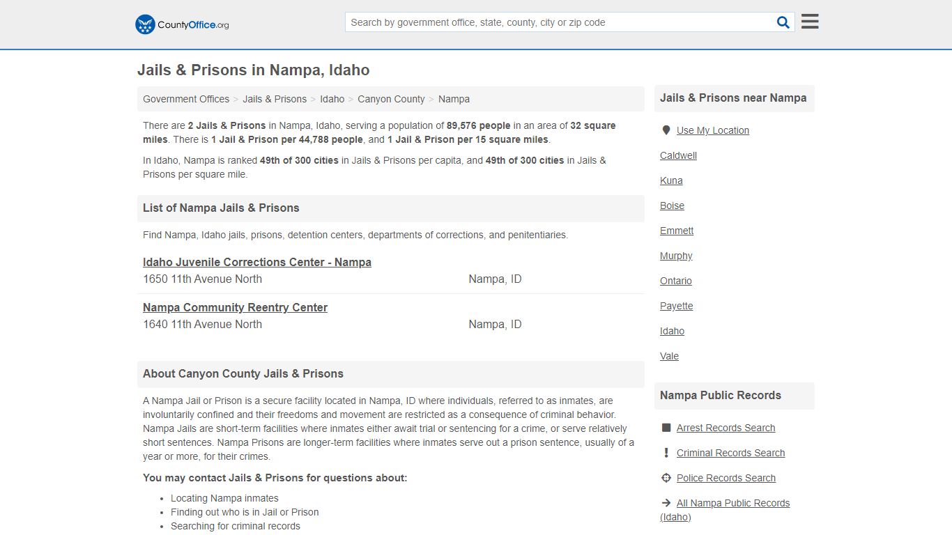 Jails & Prisons - Nampa, ID (Inmate Rosters & Records) - County Office