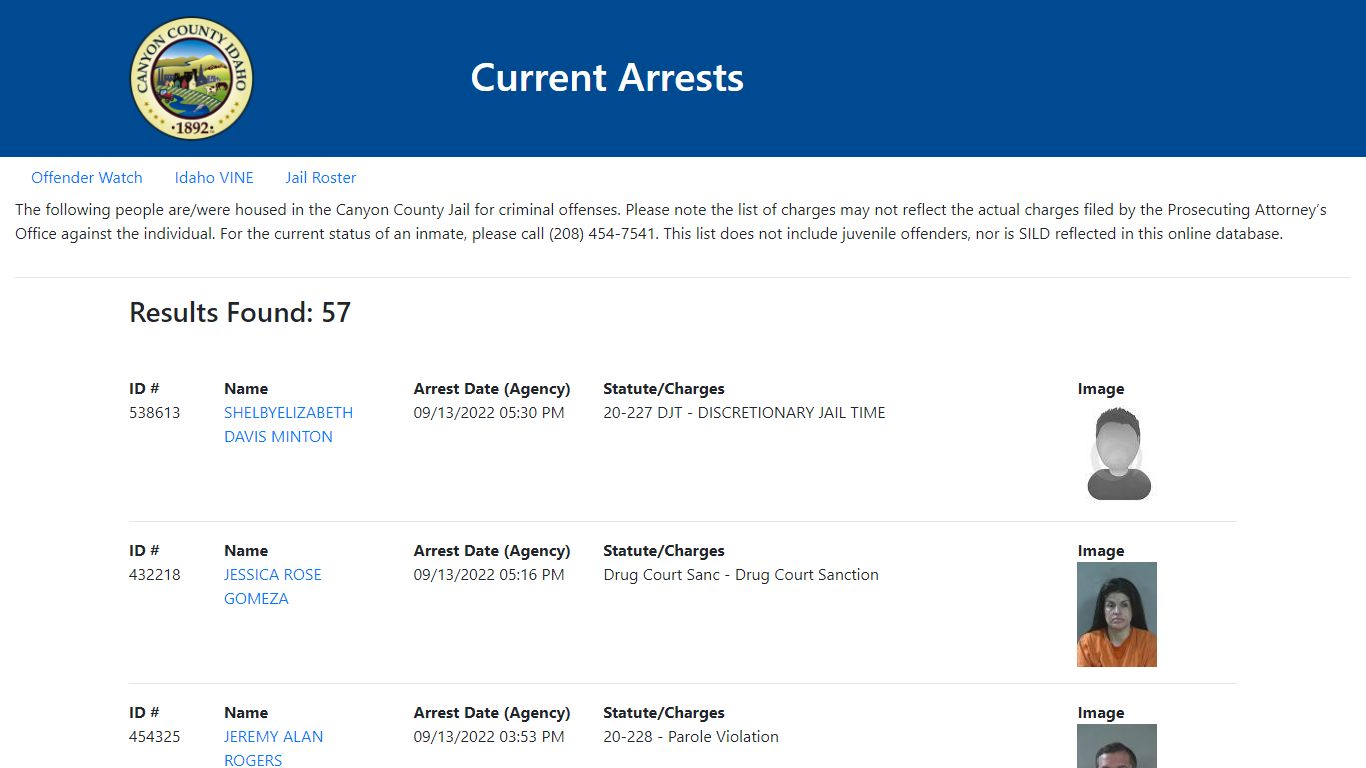 Current Arrests - Canyon County, Idaho